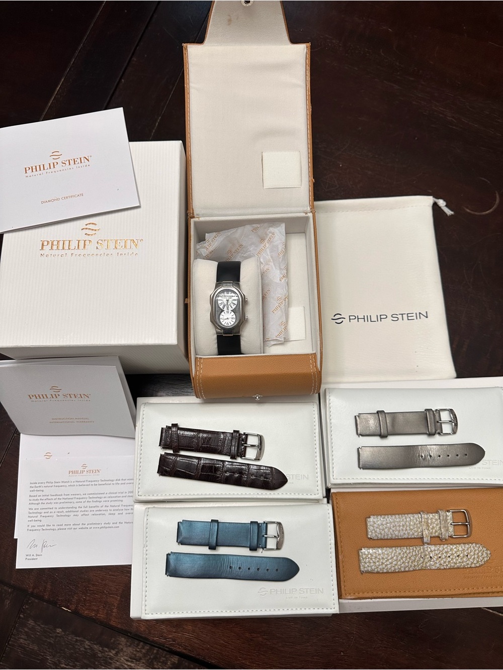 Philip Stein Signature Dual Time Diamond Watch Complete Set-5 Genuine Straps-box